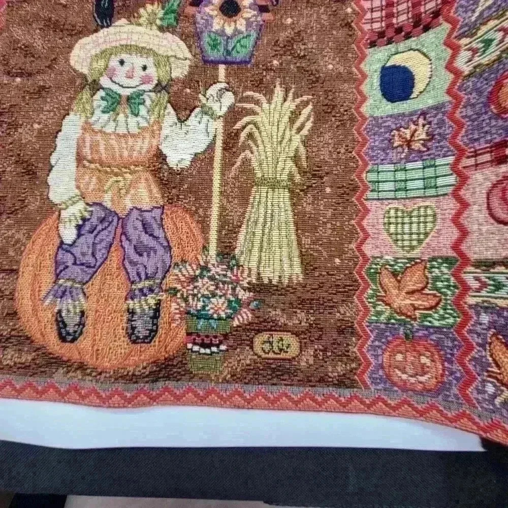 VTG Set of 2 Fall Tapestry Placemats Happy Scarecrow Pumpkins Crows Birdhouses - Picture 5 of 9